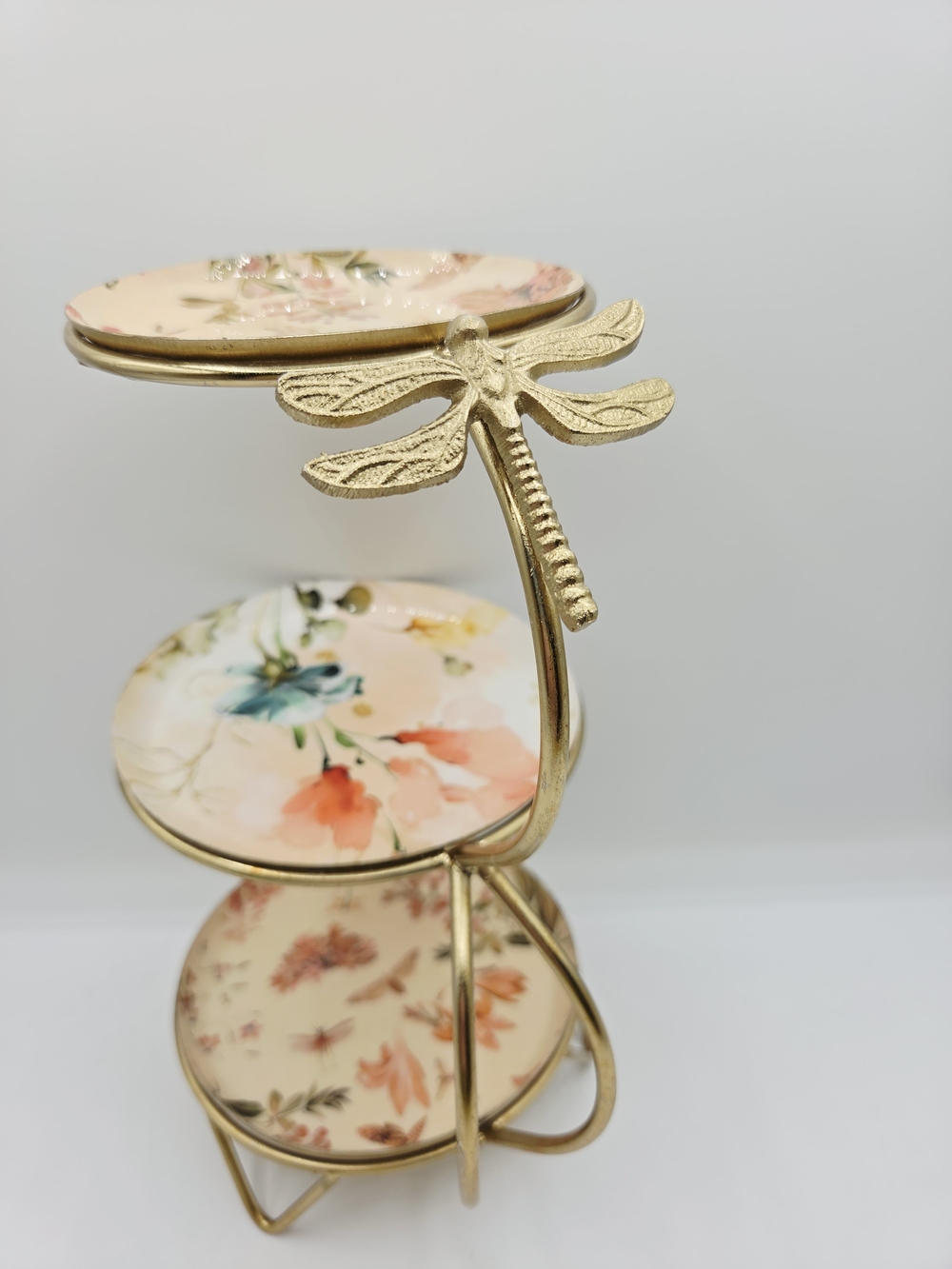 Gold Dragonfly Three-Tier Floral Dessert Stand